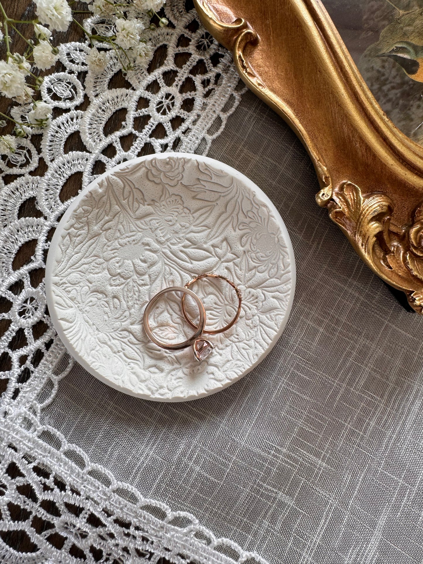 white clay floral pattern textured ring dish for bride