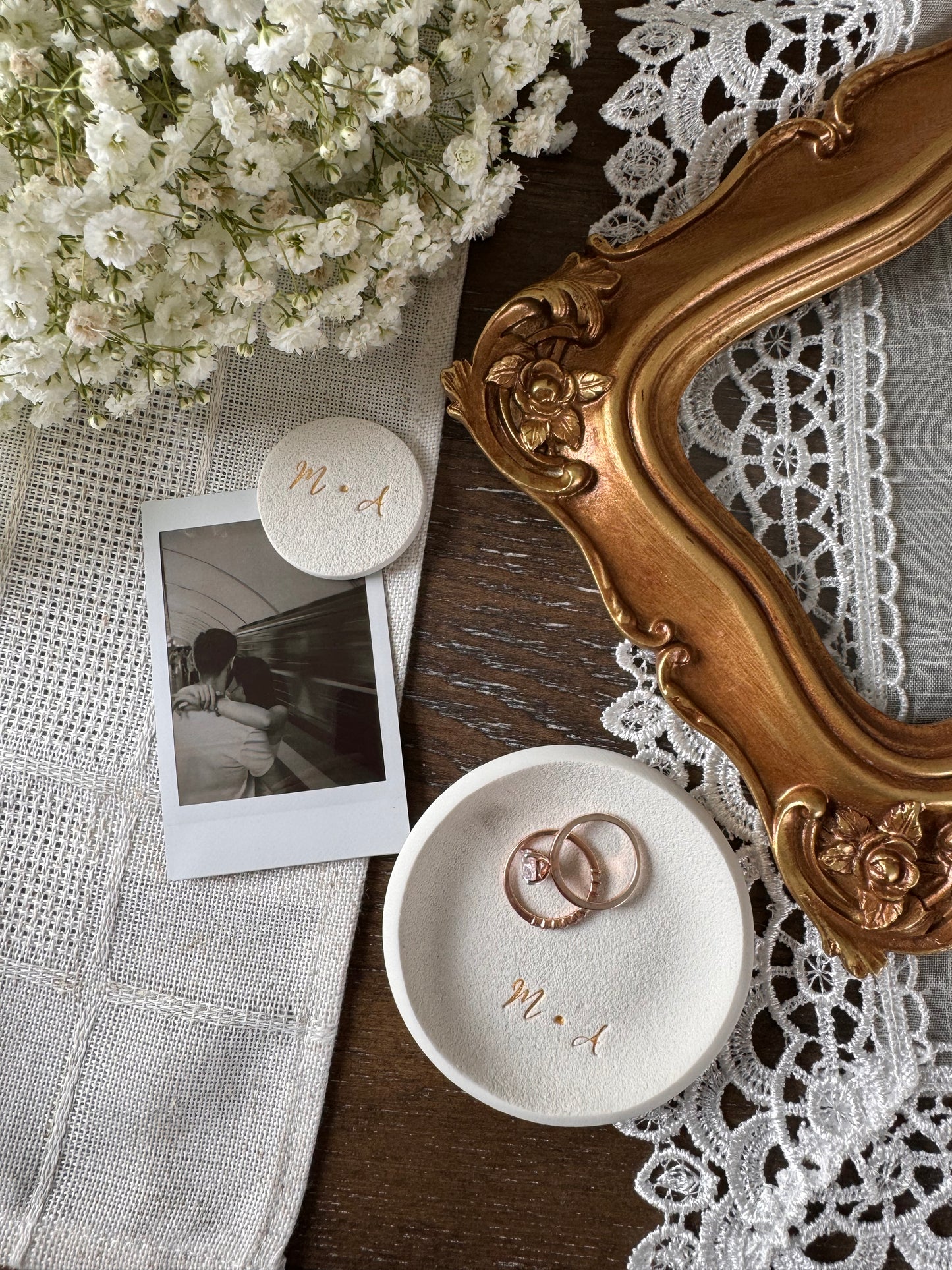 matching set of custom magnets and ring dishes in white and gold