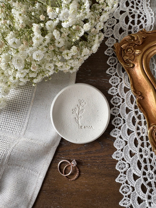 ring dish with floral design and personalized name in center in white for bride