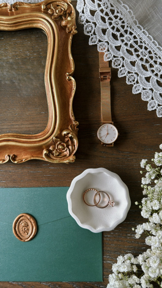 ring dish, vintage inspired in flat lay photo for wedding