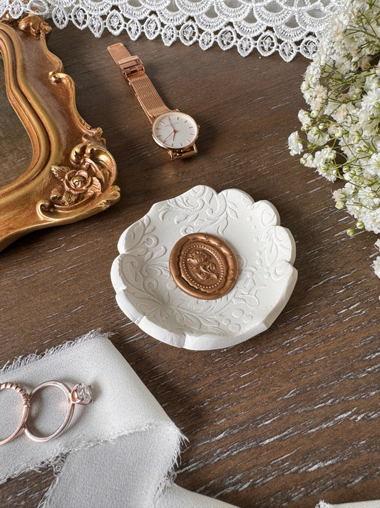 vintage themed ring dish with gold wax seal in center, perfect for flat lay kits