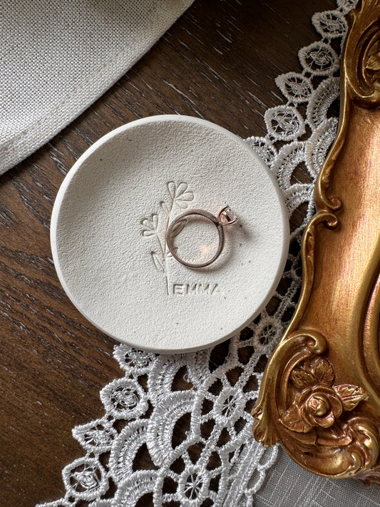 white clay ring dish with simple flower design, perfect for bridal gift