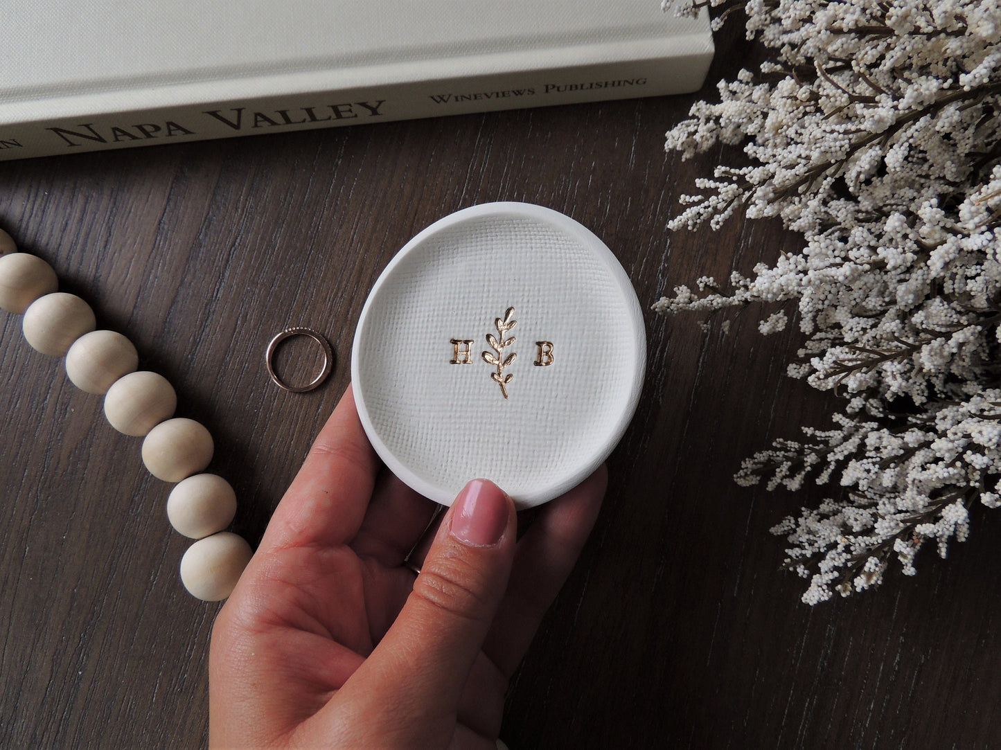 cute personalized ring dish with olive branch in center and initials