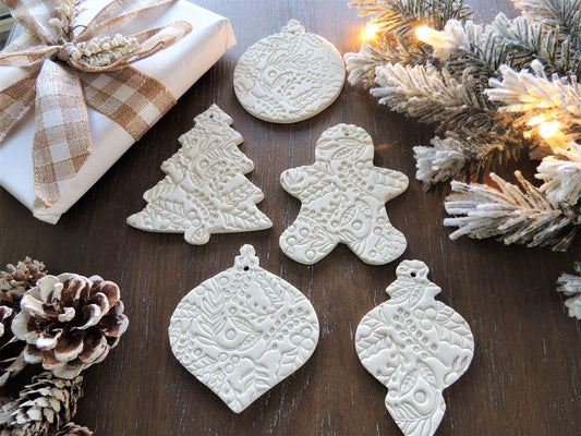 christmas tree ornaments in white clay