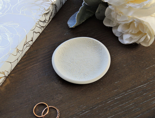 bridal shower gift, white rose jewelry dish, flat lay kit