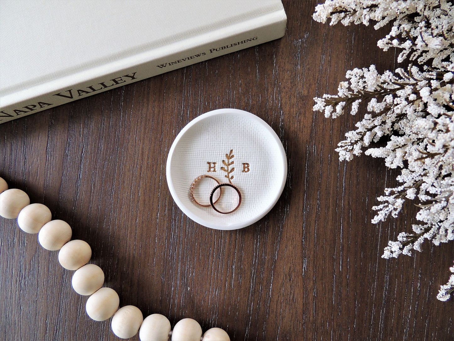 personalized ring dish with leafy branch in center and initials