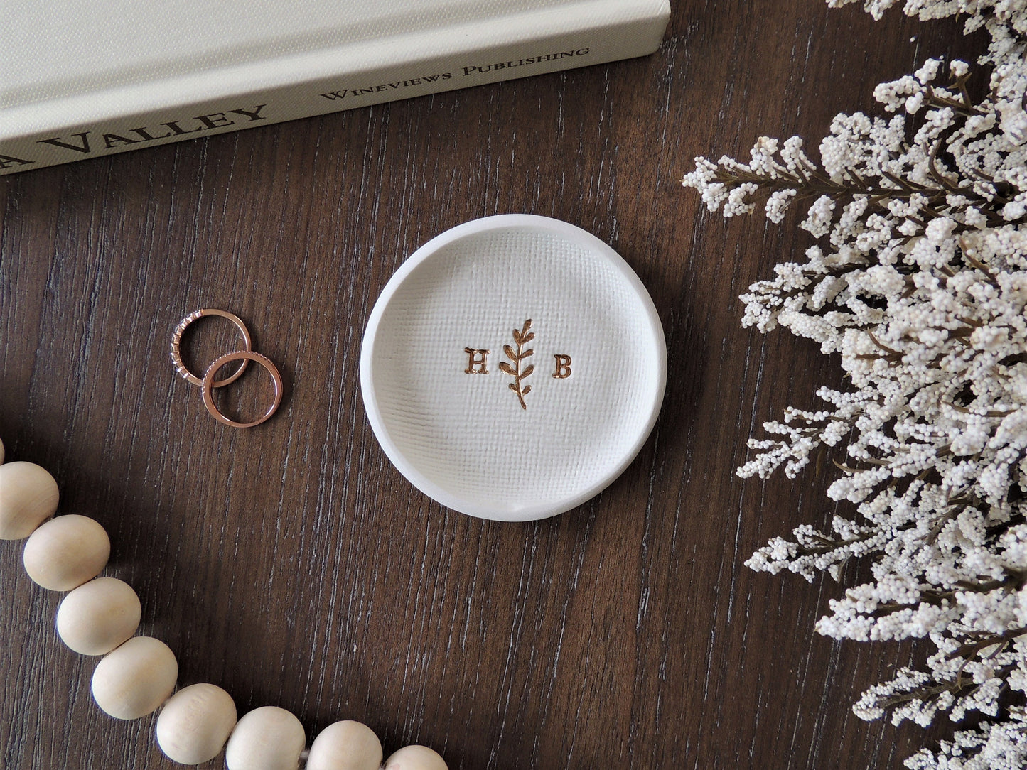 personalized ring dish with olive branch in center and initials