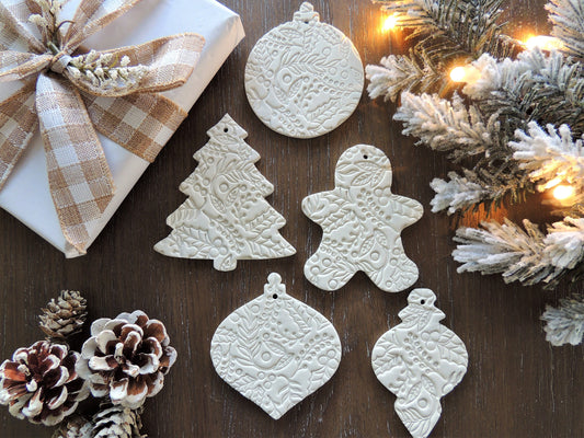 christmas tree ornaments in white clay