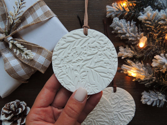 white leaf pattern ornament for tree or holiday gift, simple circular